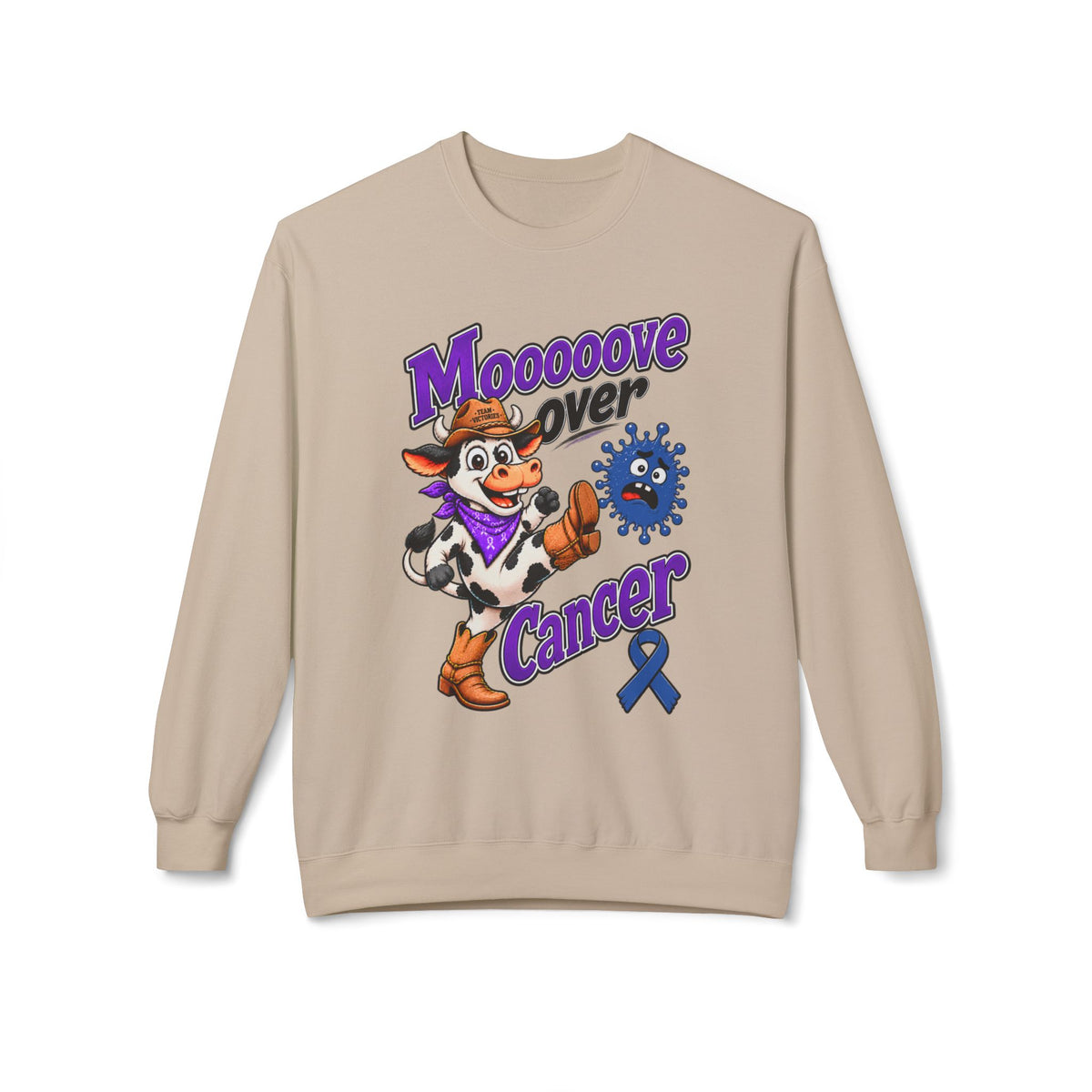 Woman wearing Moooove Over Cancer crewneck with Colon Cancer awareness ribbon artwork