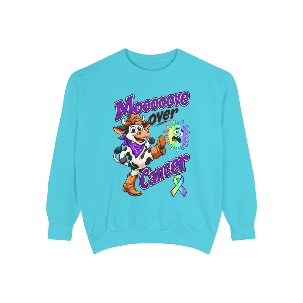 Moooove Over Cancer crewneck sweatshirt in bright turquoise with Western cow design and awareness ribbon