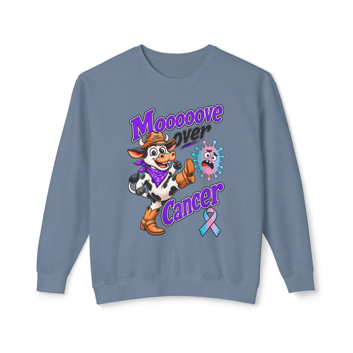 Moooove Over Cancer blue-gray sweatshirt with cow artwork and Thyroid Cancer awareness ribbon