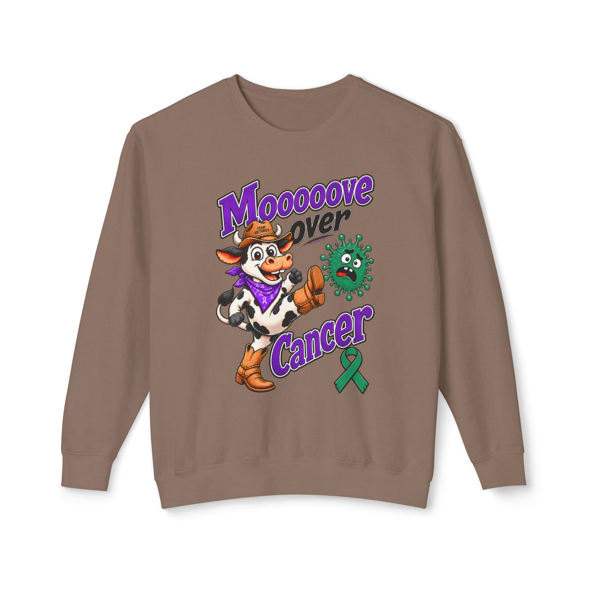 Moooove Over Cancer sweatshirt front graphic with cow and Liver Cancer awareness ribbon in brown