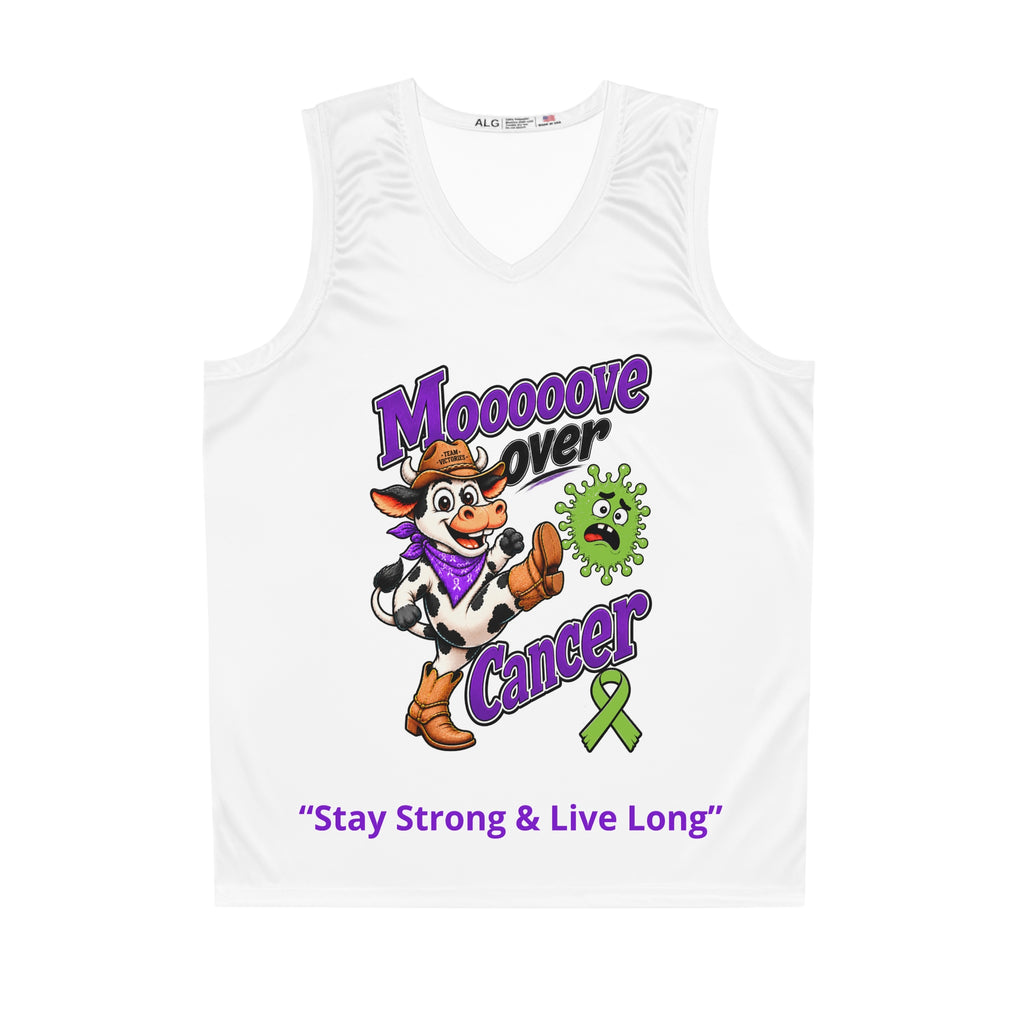 Moooove Over Cancer basketball jersey with cowboy artwork, green ribbon, and Stay Strong & Live Long slogan