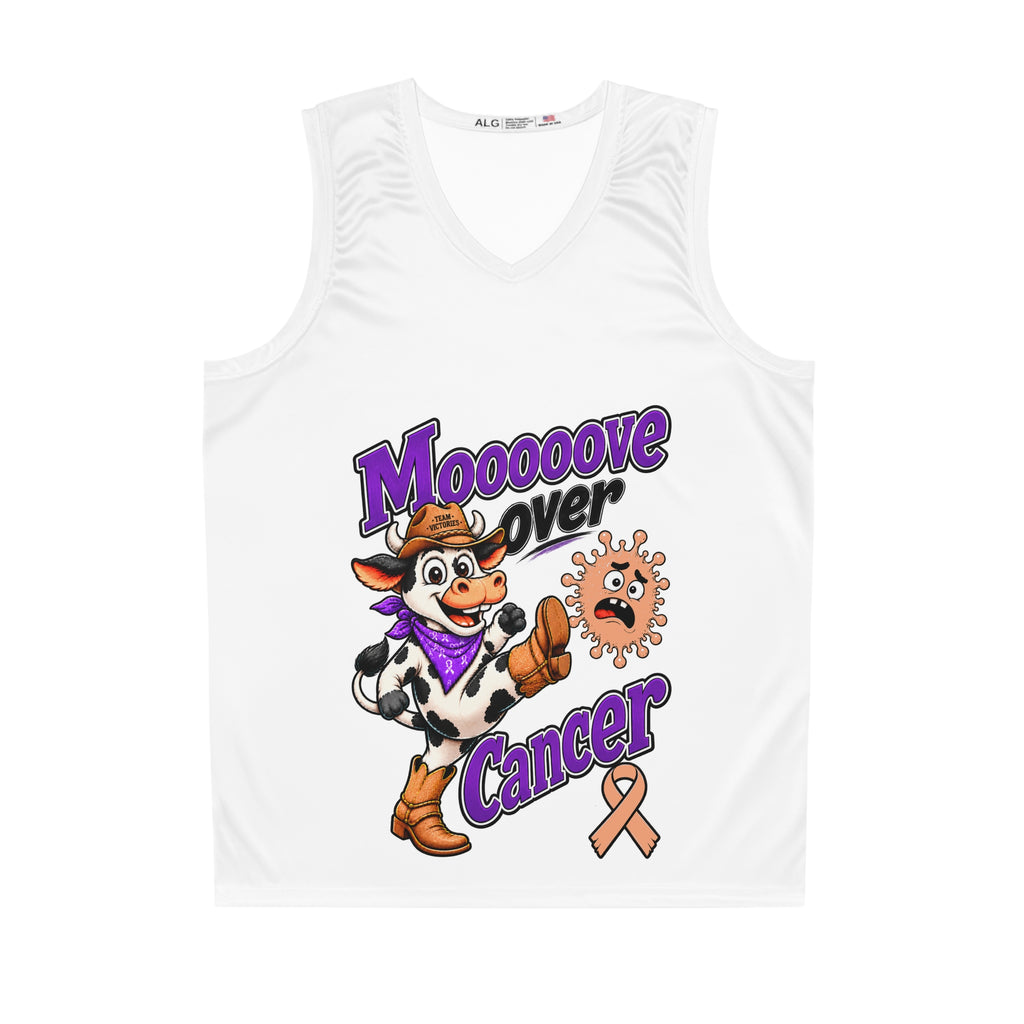 Moooove Over Cancer basketball jersey with cow graphic and peach awareness ribbon