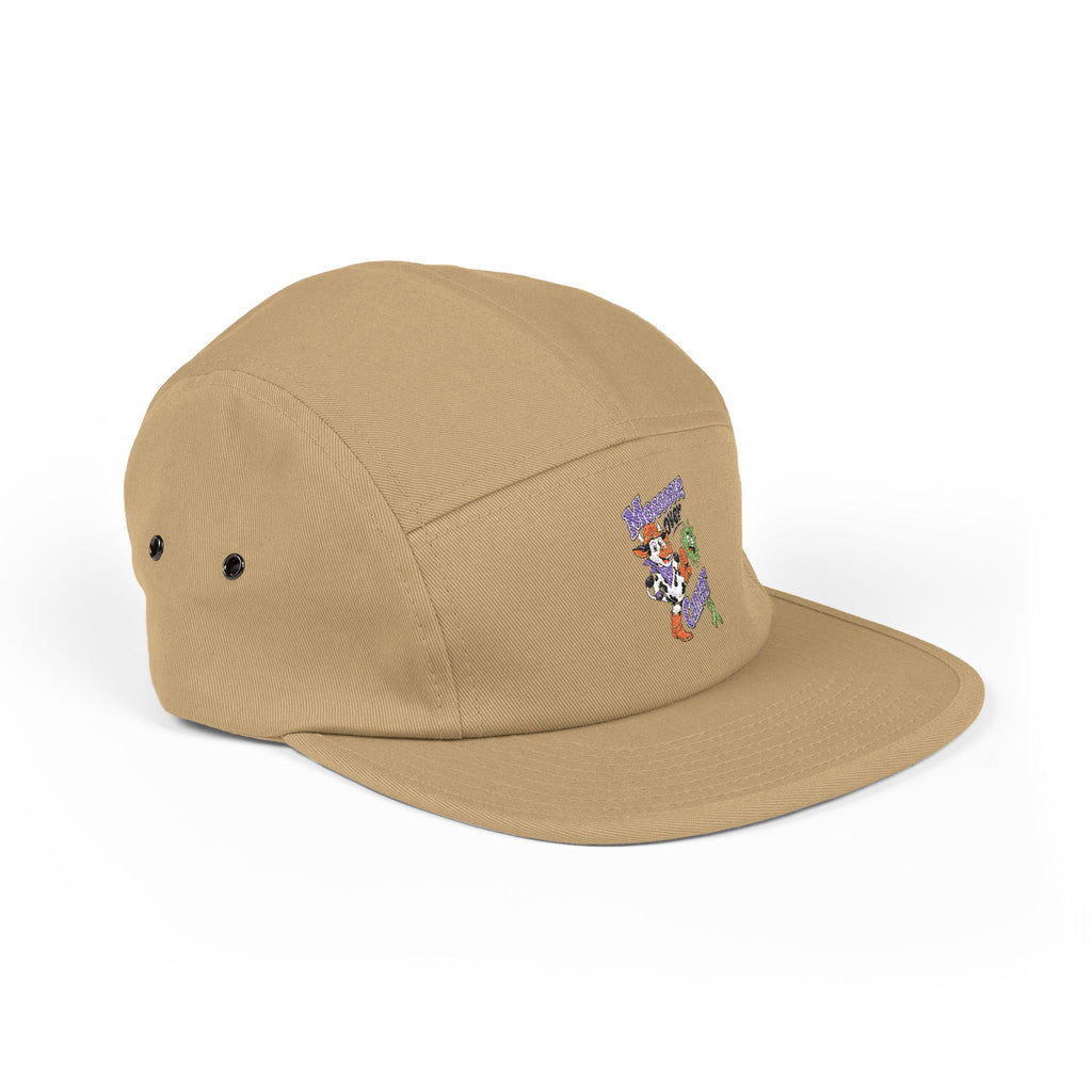 Side view of tan Moooove Over Cancer embroidered five-panel cap