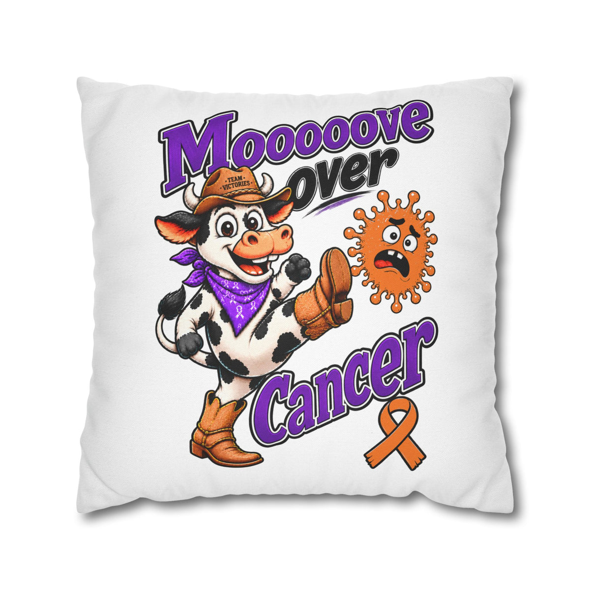 Moooove Over Cancer pillowcase showing colorful cow artwork and leukemia/kidney cancer awareness ribbon
