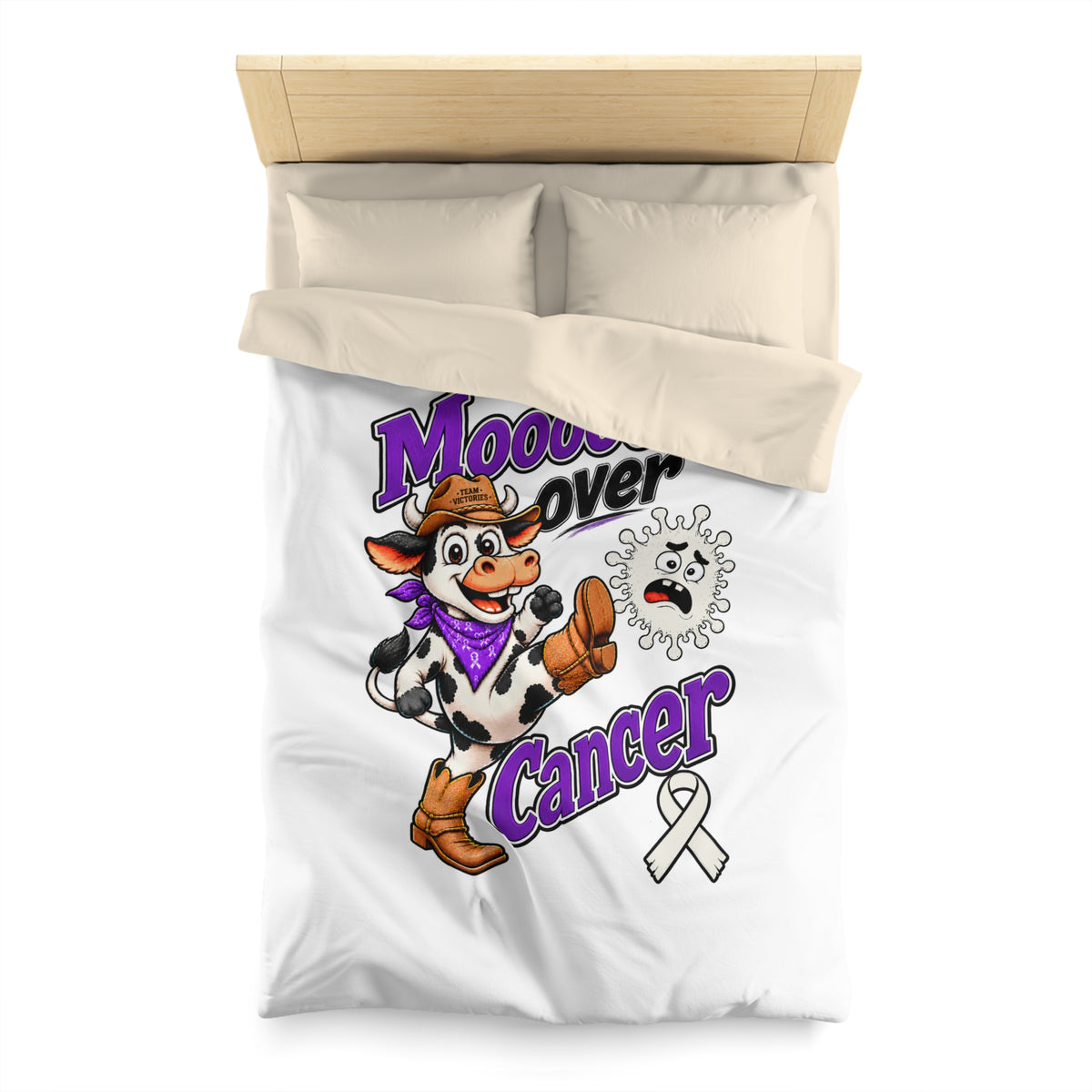 Bedroom view of Moooove Over Cancer duvet cover with cow artwork and Lung Cancer awareness ribbon