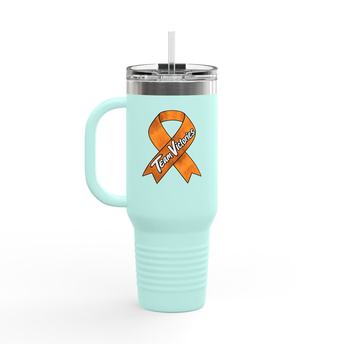 Aqua Team Victories travel mug with orange Leukemia/Kidney Cancer awareness ribbon
