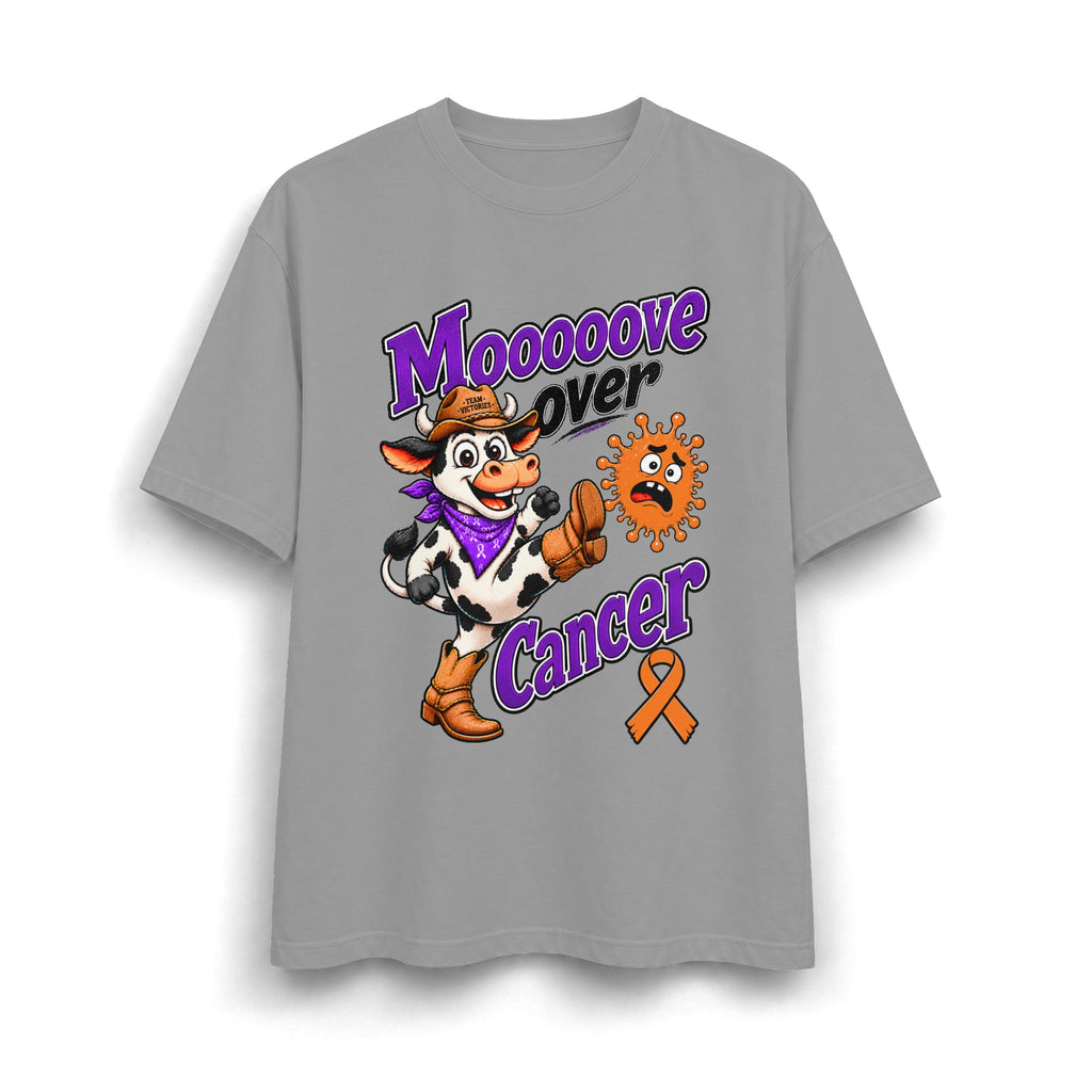 Moooove Over Cancer heavyweight T-shirt in gray with cowboy cow design