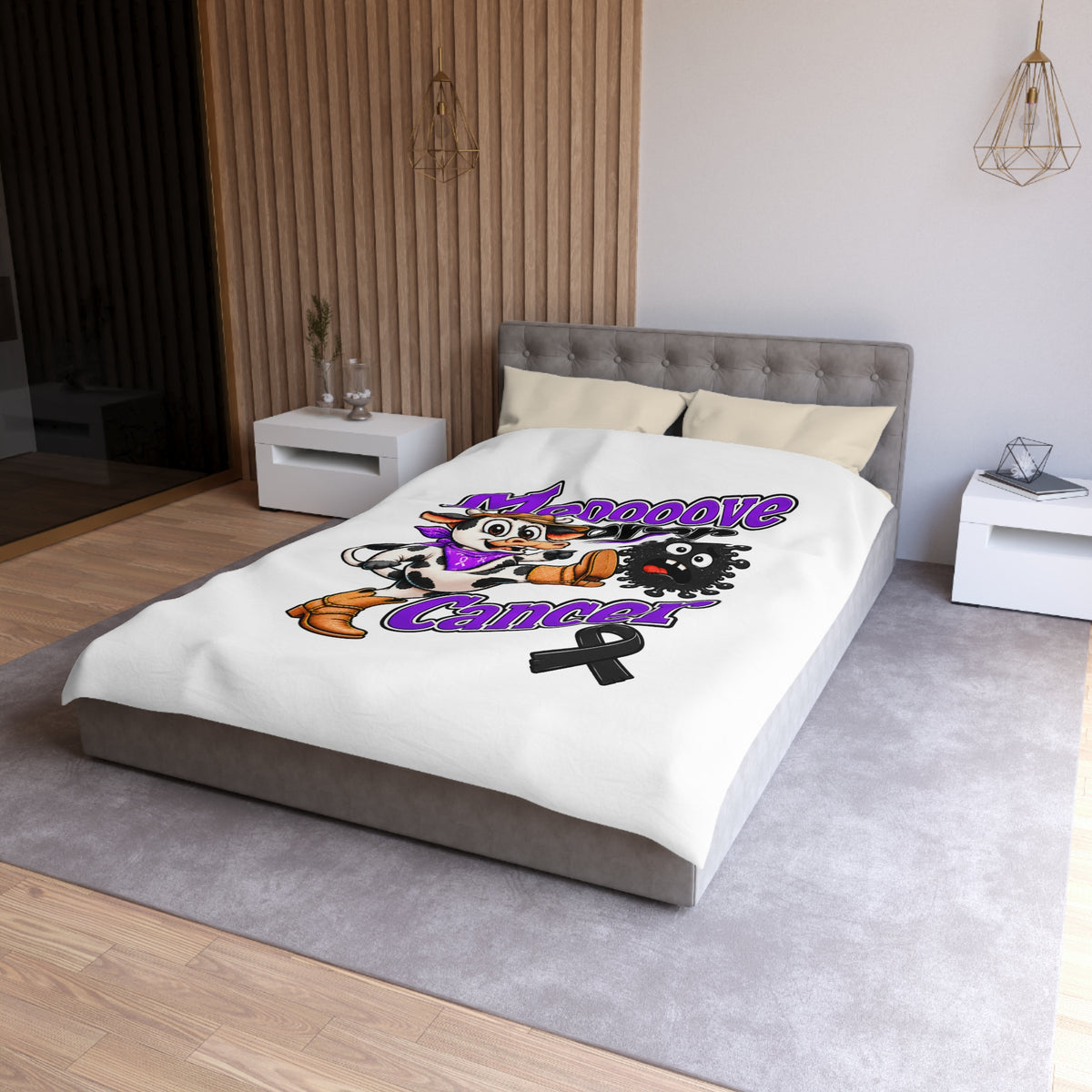 Moooove Over Cancer microfiber duvet cover shown on a modern bed with awareness artwork