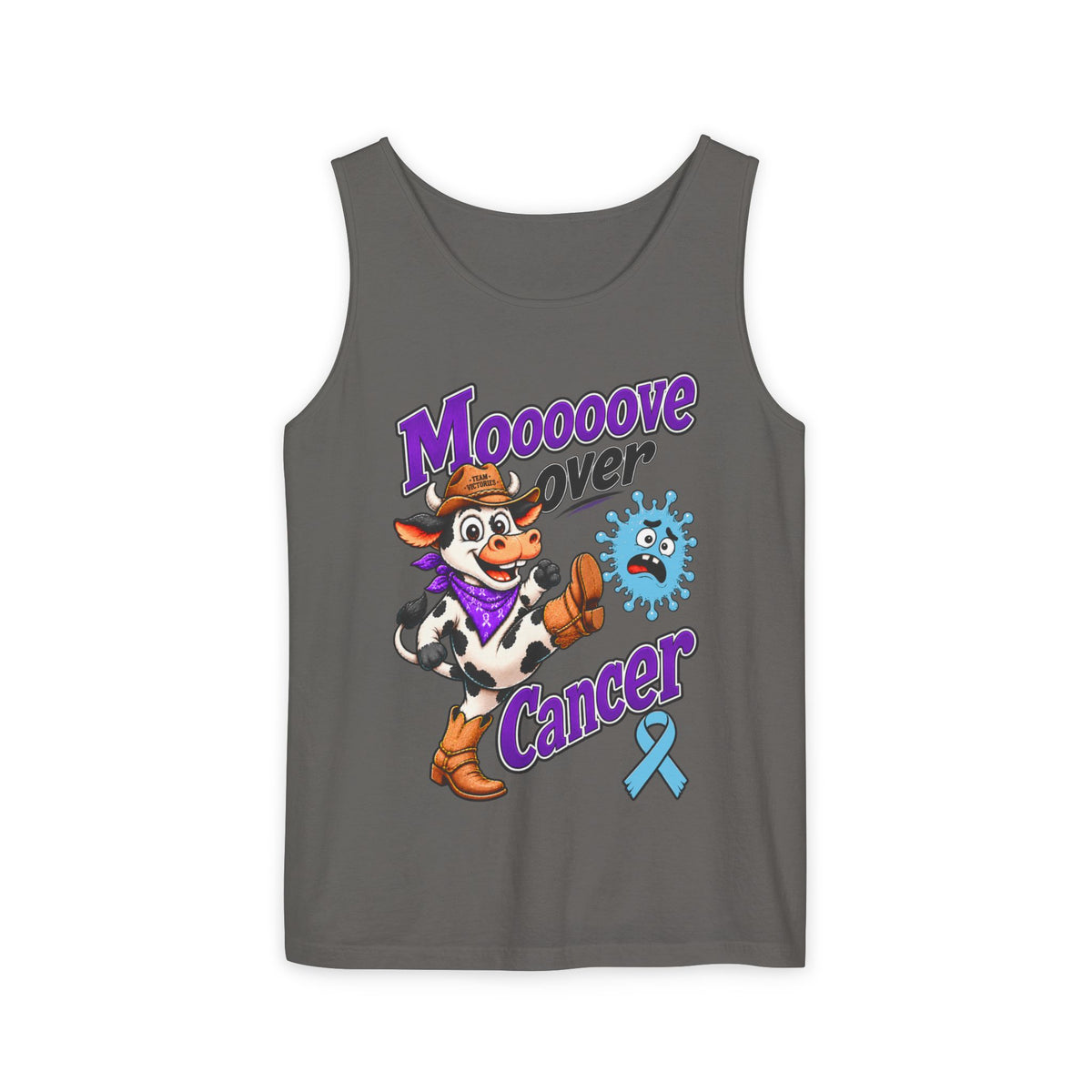 Moooove Over Cancer tank top in charcoal with cow graphic and blue Prostate Cancer awareness ribbon