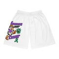 Moooove Over Cancer basketball shorts with colorful cow artwork and green ribbon on the front