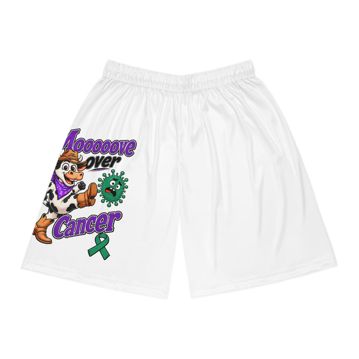 Moooove Over Cancer basketball shorts with colorful cow artwork and green ribbon on the front
