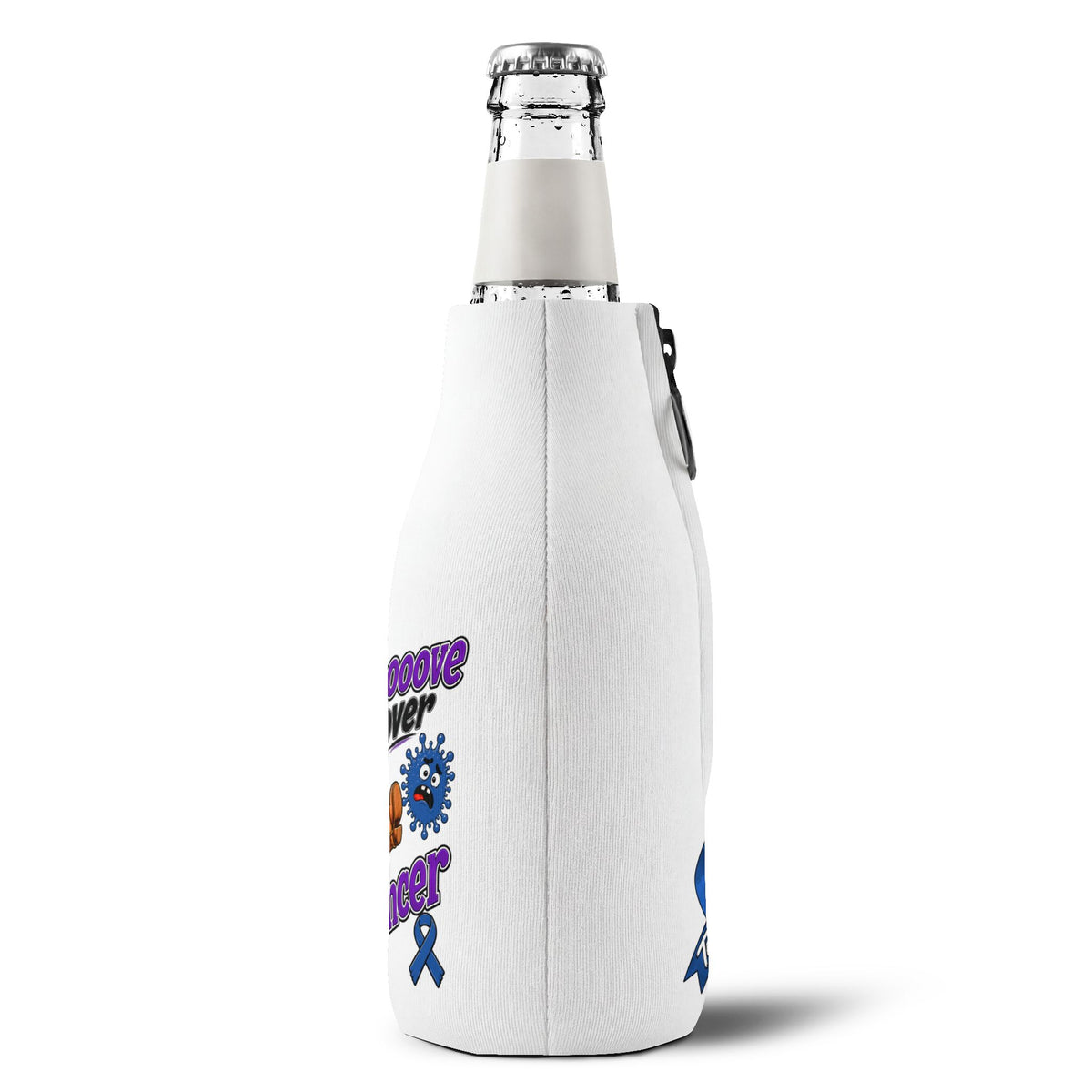 Side view of Moooove Over Cancer cooler sleeve fitted on a bottle