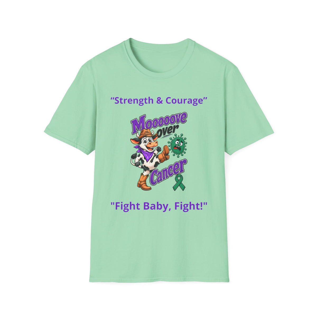 Mint Moooove Over Cancer T-shirt with cowgirl graphic and Liver Cancer awareness ribbon