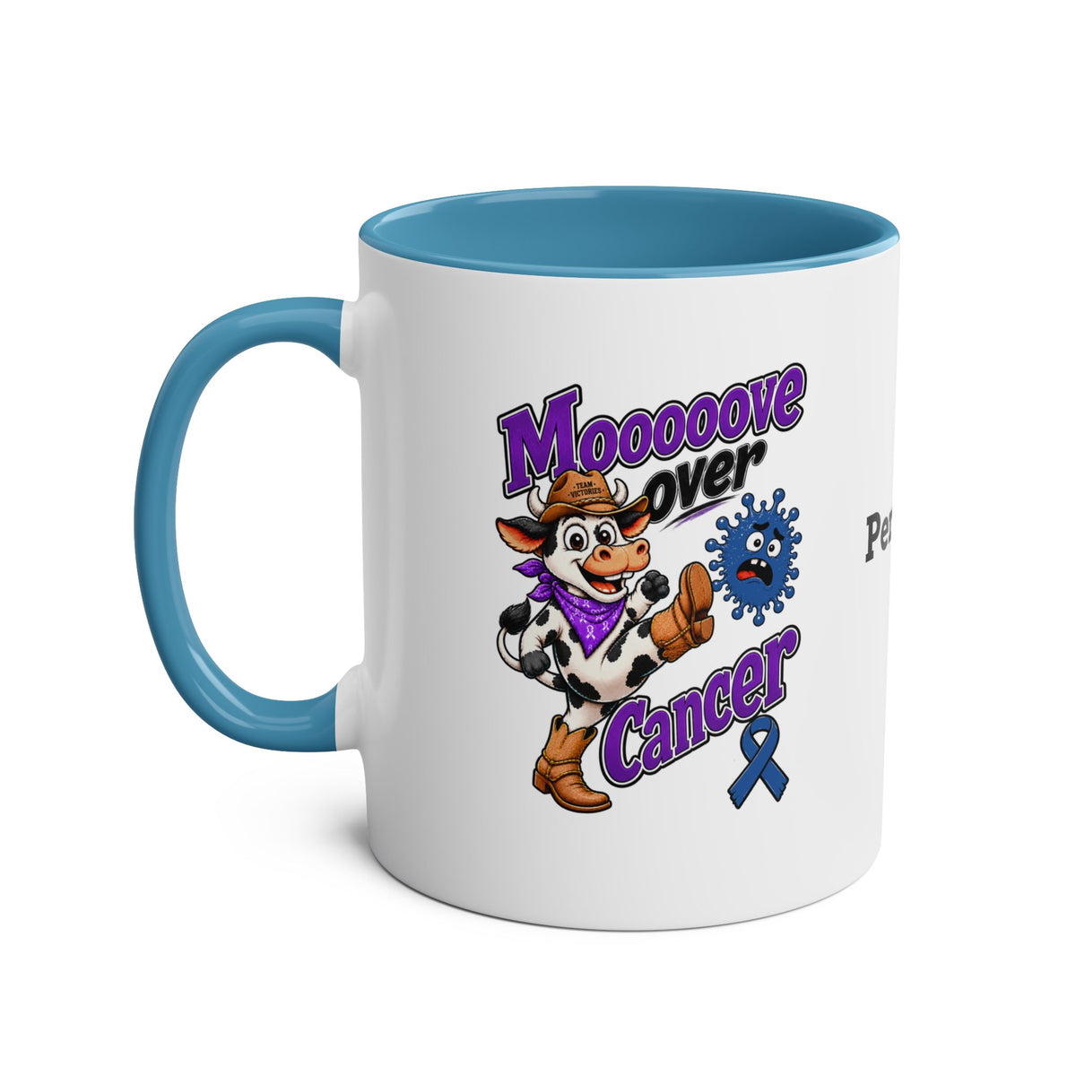 Moooove Over Cancer mug with blue interior and handle and colorful cancer support artwork