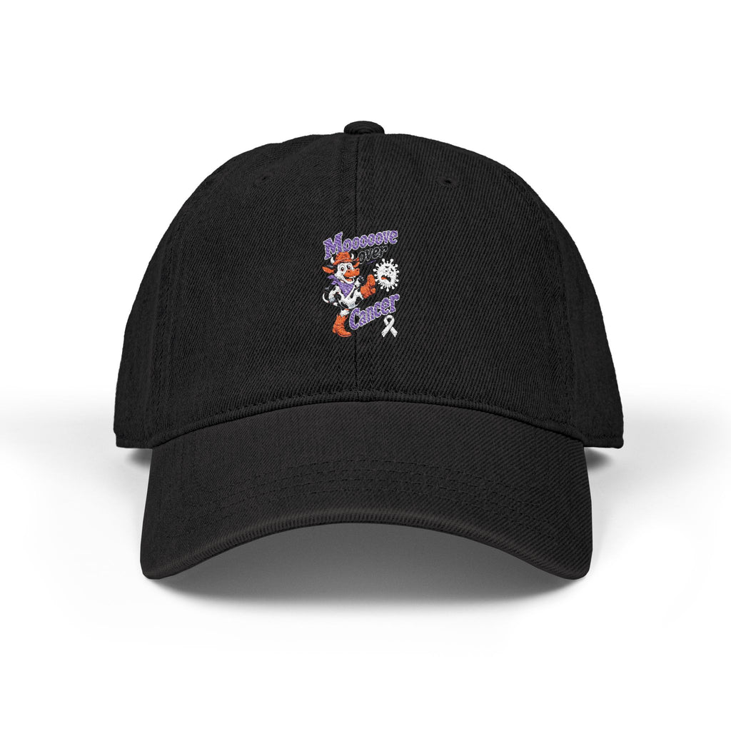 Moooove Over Cancer embroidered denim hat in black with colorful awareness ribbon design