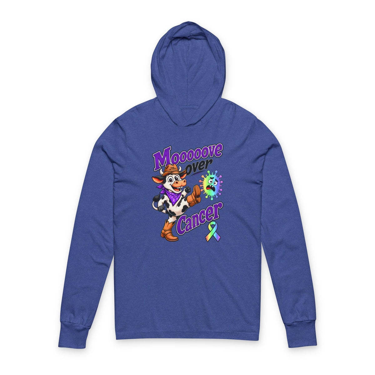Blue Moooove Over Cancer hooded long-sleeve tee with all-cancer awareness ribbon, front view