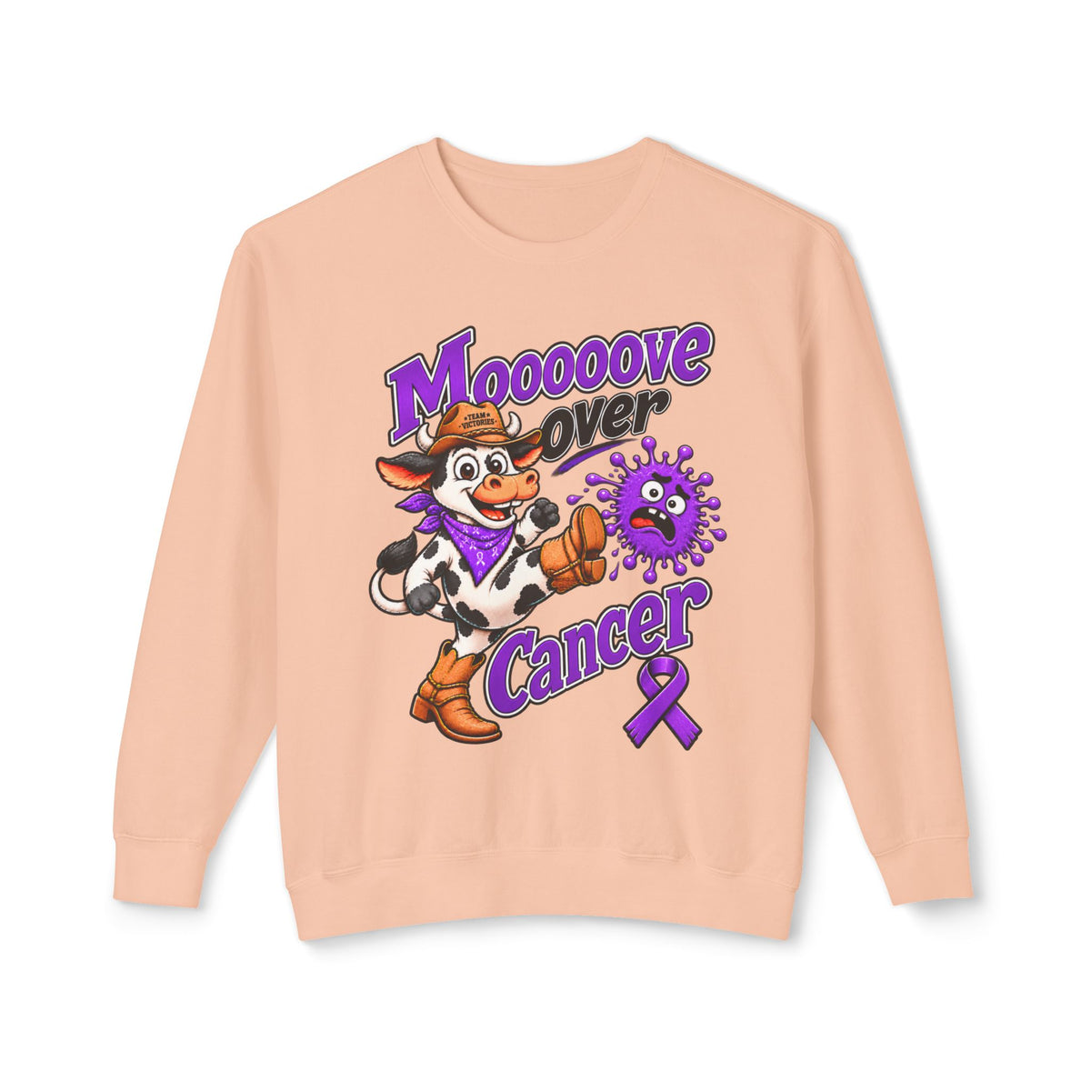 Front view of Moooove Over Cancer crewneck sweatshirt with playful cow artwork