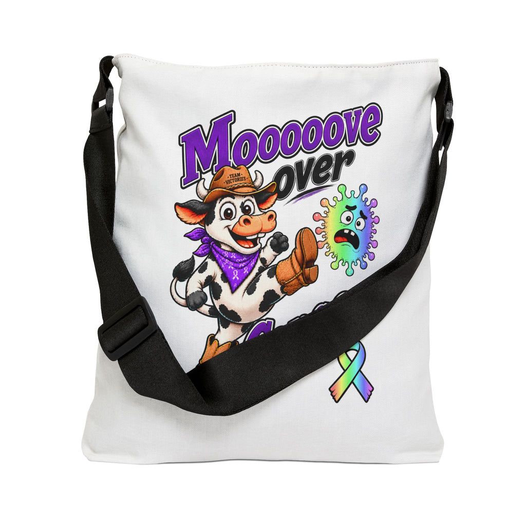 Moooove Over Cancer tote close view with cow character, bold lettering, and ribbon
