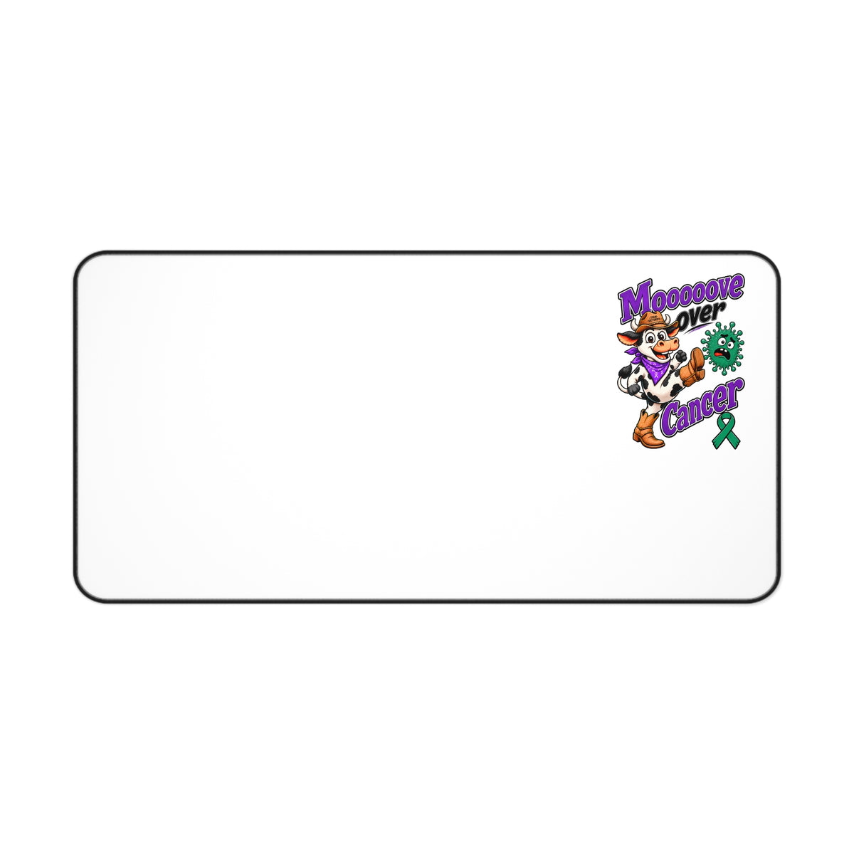 Moooove Over Cancer desk mat shown in a compact size with Liver Cancer awareness ribbon