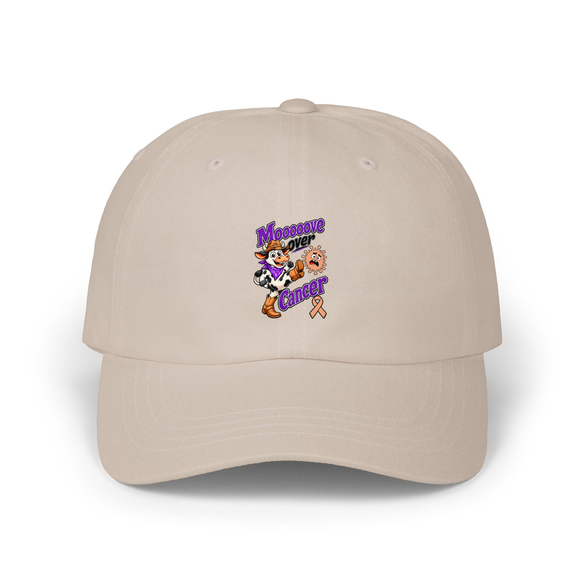 Back view of Moooove Over Cancer dad cap with adjustable strap and Uterine Cancer awareness design