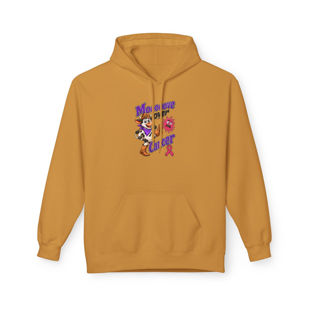 Gold Moooove Over Cancer hoodie featuring a Breast Cancer awareness ribbon
