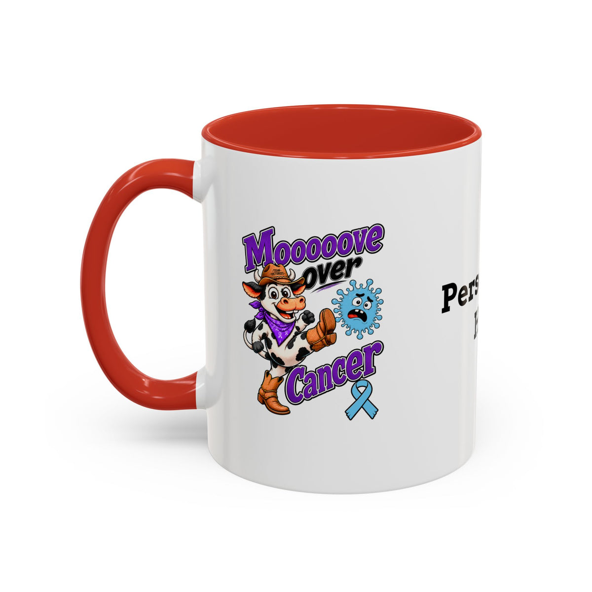 Moooove Over Cancer mug side view with red handle and Prostate Cancer awareness ribbon