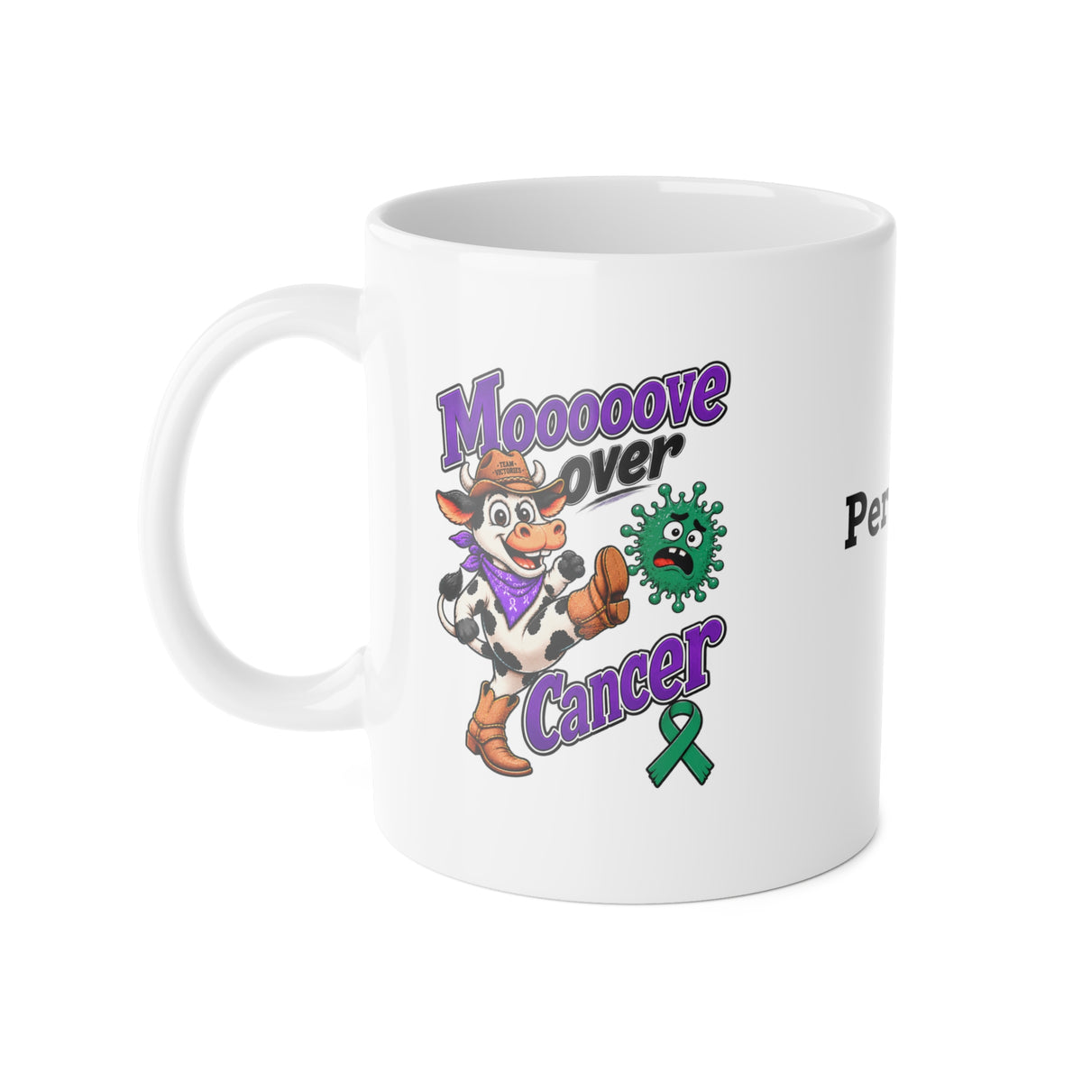 Moooove Over Cancer ceramic mug with cow mascot, green ribbon, and Team Victories design