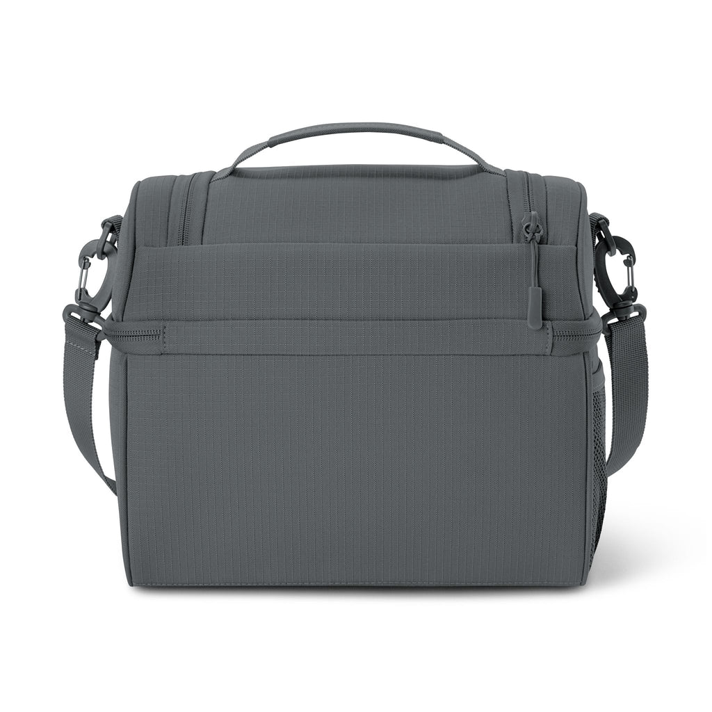 Back view of the gray Moooove Over Cancer black ribbon insulated cooler bag
