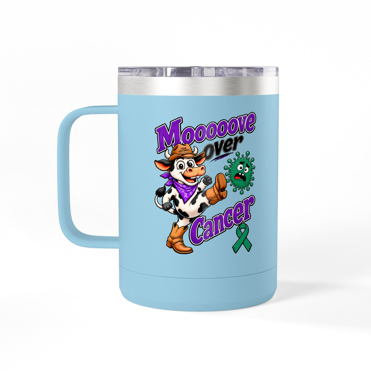Blue Moooove Over Cancer stainless steel mug with green Liver Cancer awareness ribbon