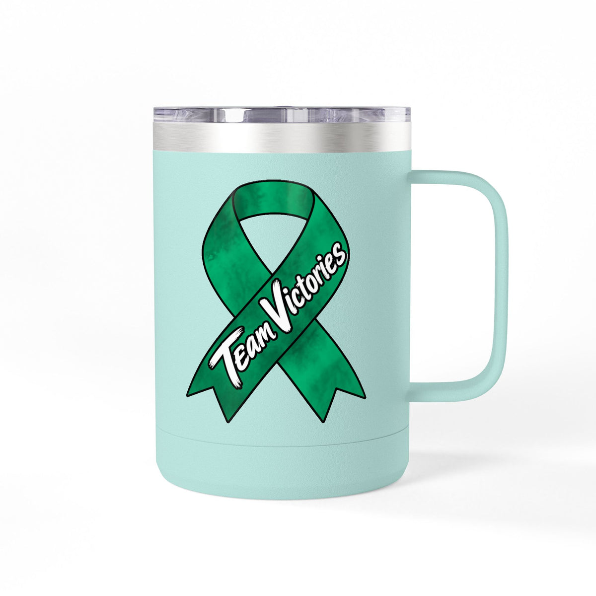 Mint Team Victories mug featuring a green Liver Cancer awareness ribbon