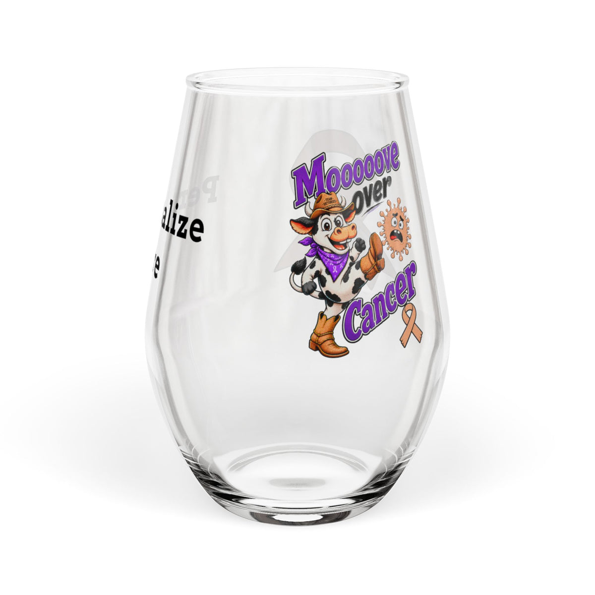 Moooove Over Cancer cow design and awareness ribbon on a personalized stemless wine glass