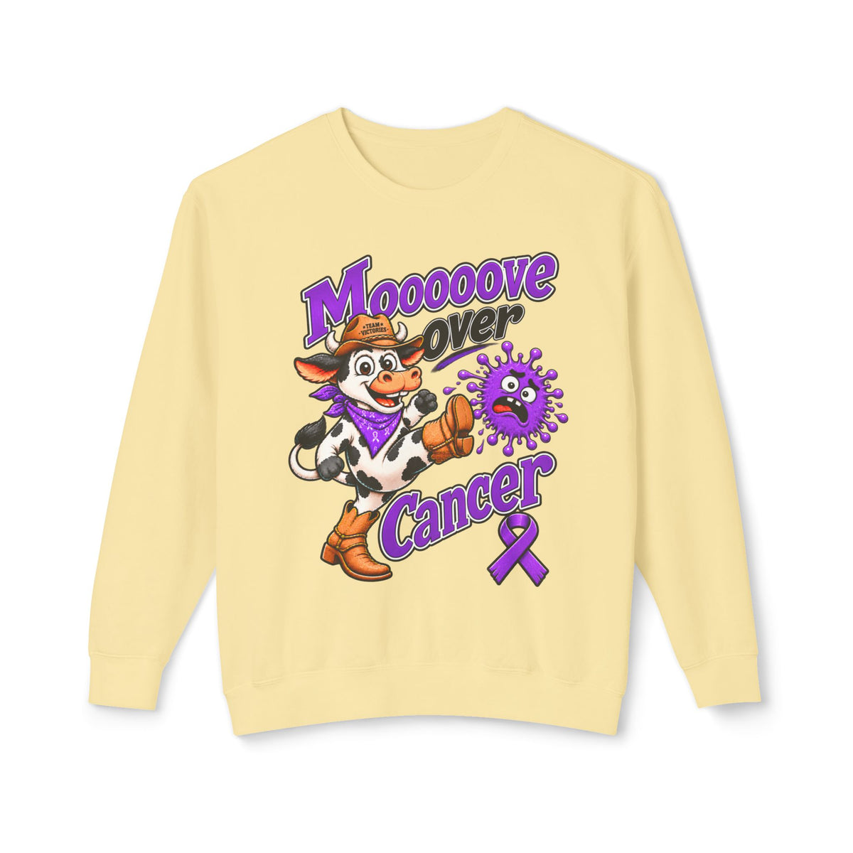 Back view of the white Moooove Over Cancer crewneck sweatshirt