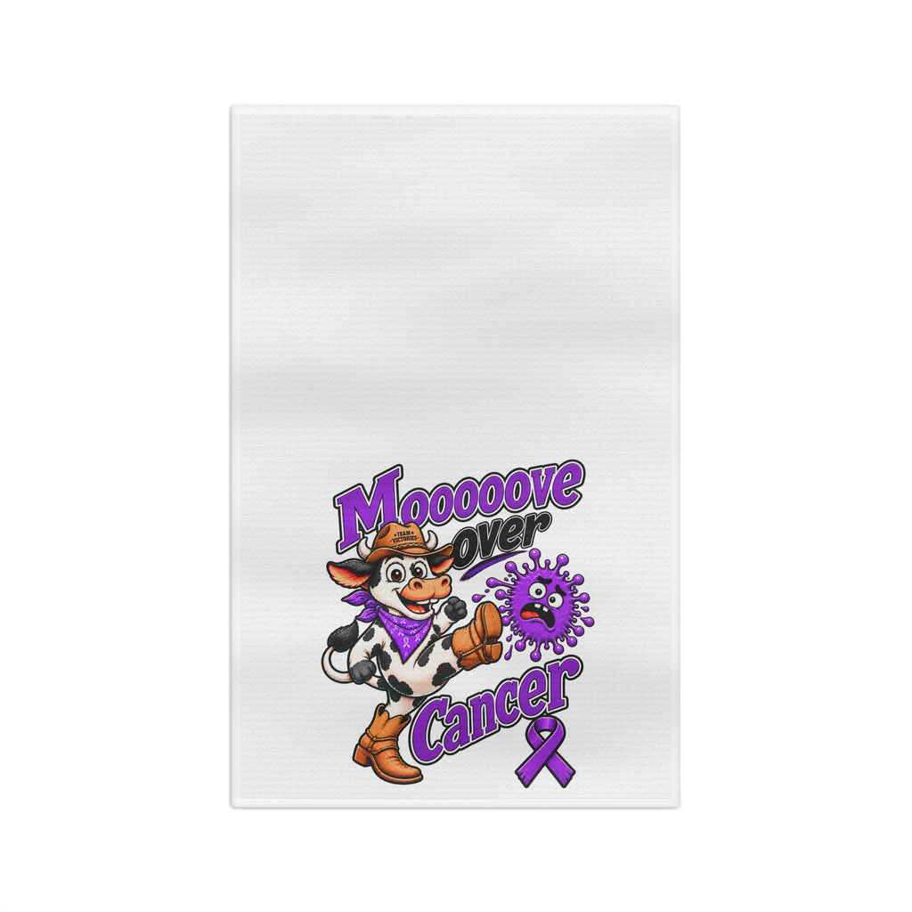 Moooove Over Cancer microfiber tea towel with colorful cow and purple ribbon artwork