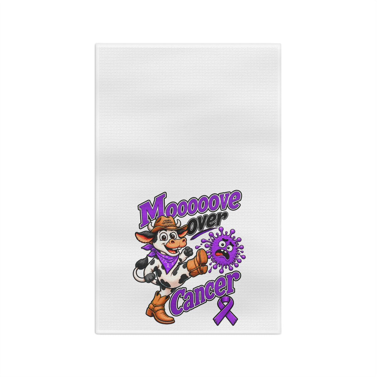 Moooove Over Cancer microfiber tea towel with colorful cow and purple ribbon artwork