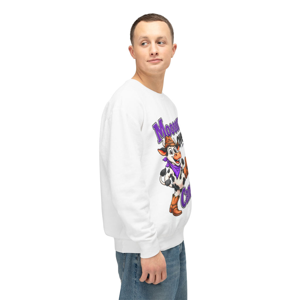 Side view of Moooove Over Cancer crewneck sweatshirt with cow graphic and all-cancer awareness ribbon