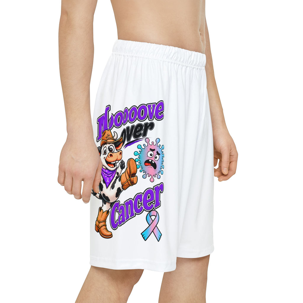 Front view of Moooove Over Cancer shorts with cow graphic and Thyroid Cancer awareness ribbon
