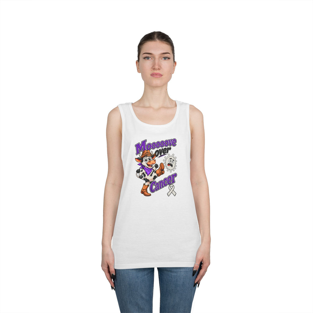 Model wearing a white Moooove Over Cancer tank top with Lung Cancer awareness ribbon