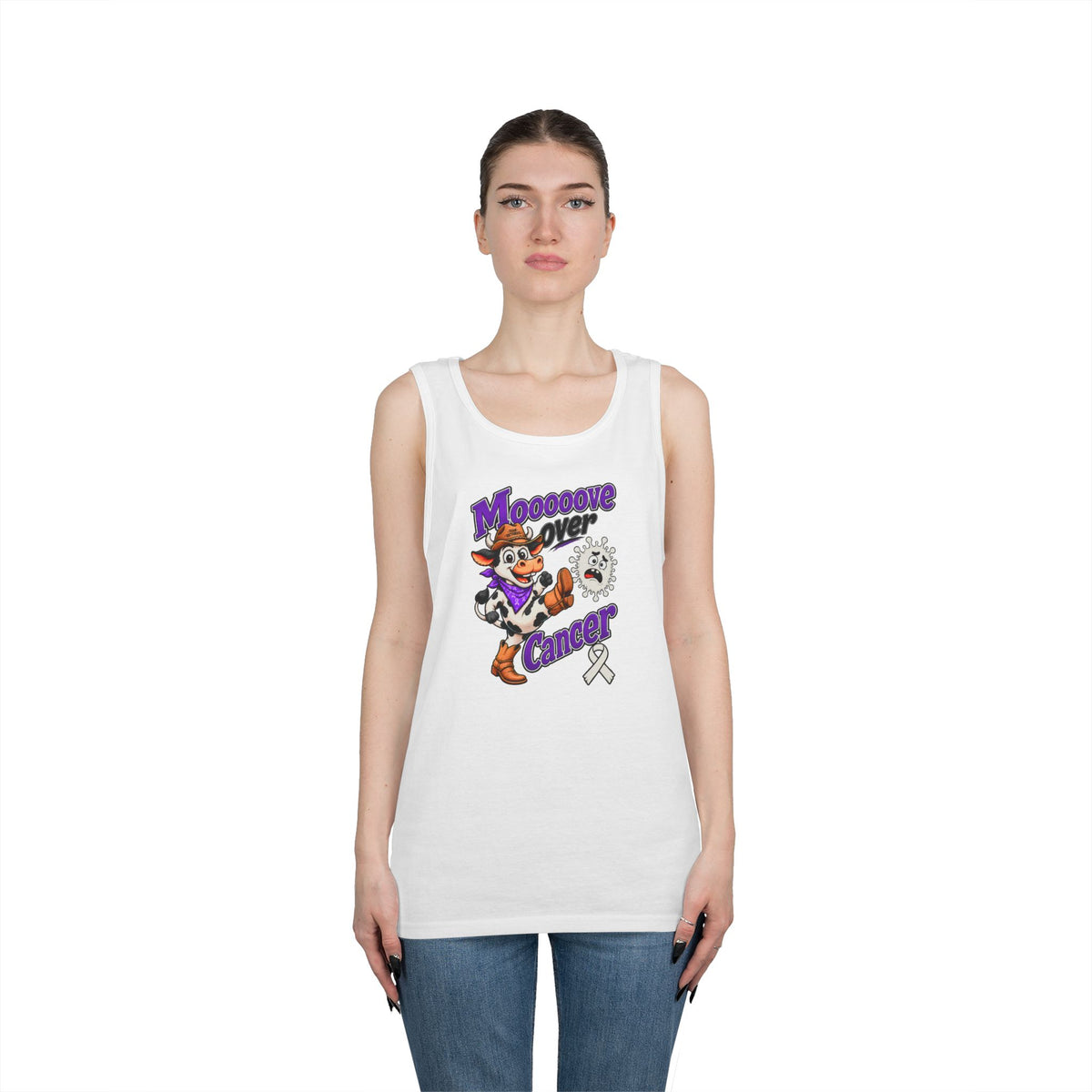 Model wearing a white Moooove Over Cancer tank top with Lung Cancer awareness ribbon