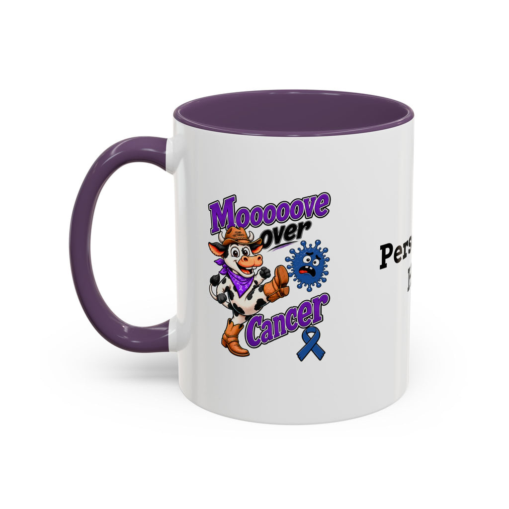 Moooove Over Cancer mug showing blue Colon Cancer awareness ribbon and purple handle