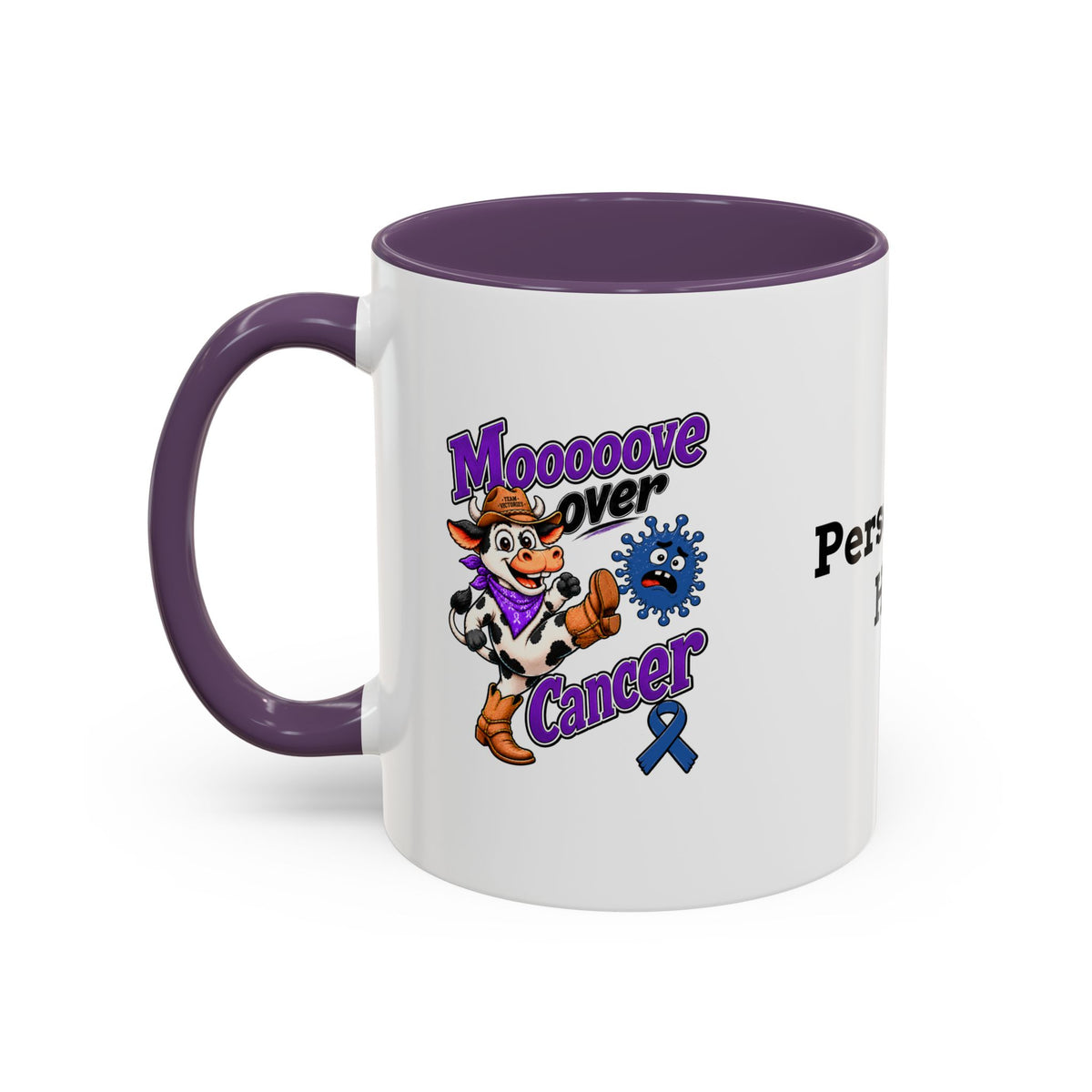 Moooove Over Cancer mug showing blue Colon Cancer awareness ribbon and purple handle