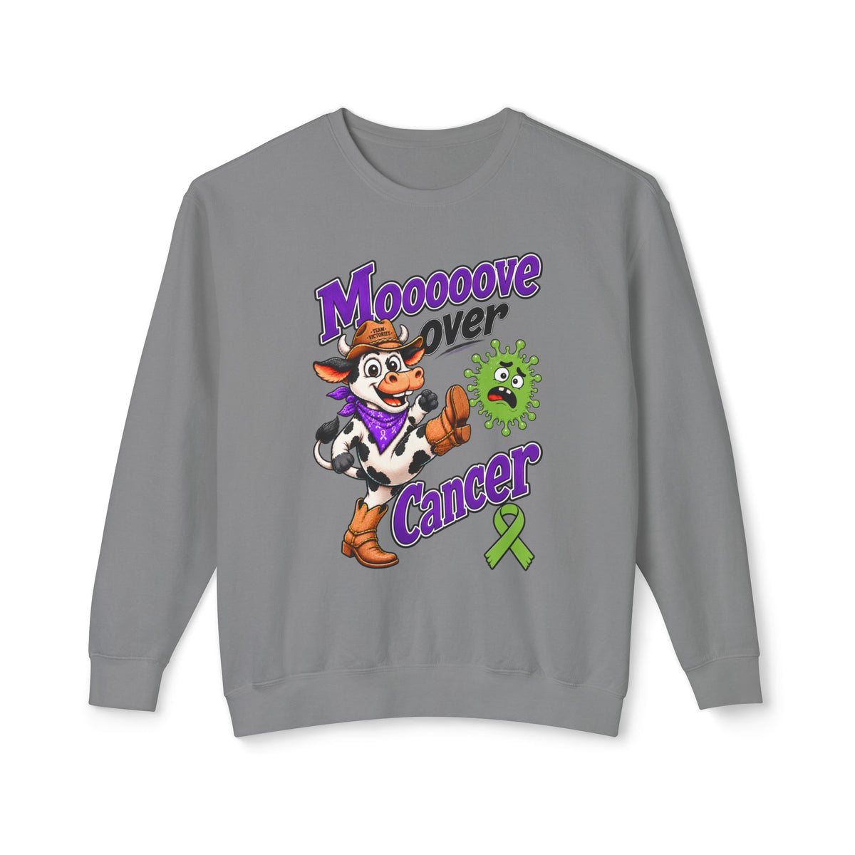 Moooove Over Cancer crewneck sweatshirt in gray with cow artwork and Non-Hodgkin/Lymphoma Cancer awareness ribbon