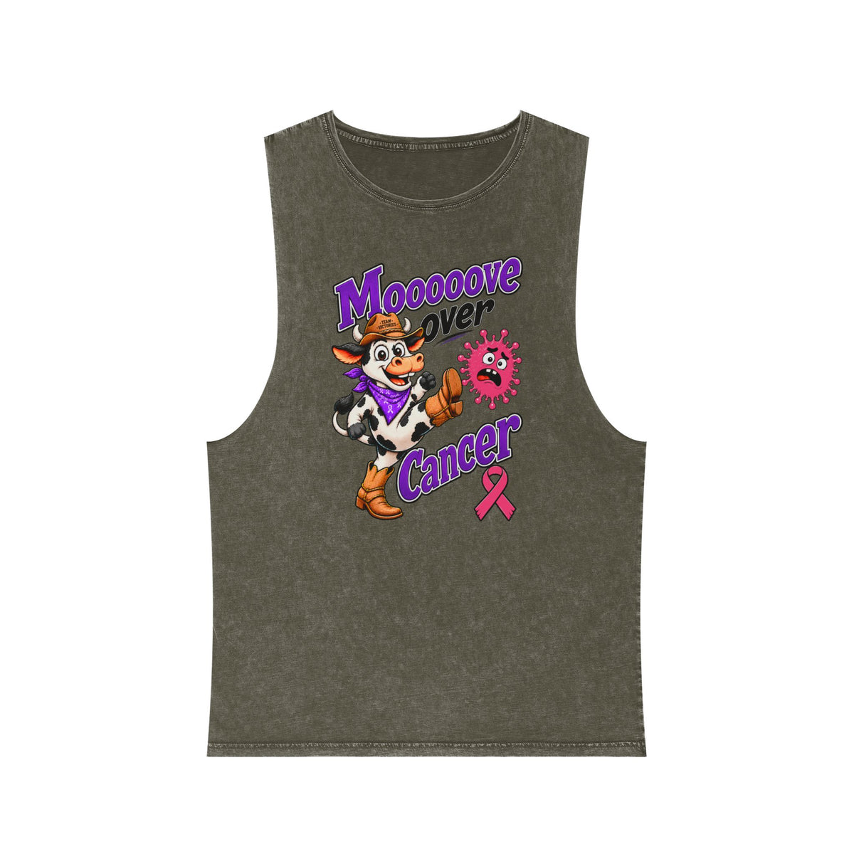 Moooove Over Cancer tank top in olive with a pink Breast Cancer awareness ribbon