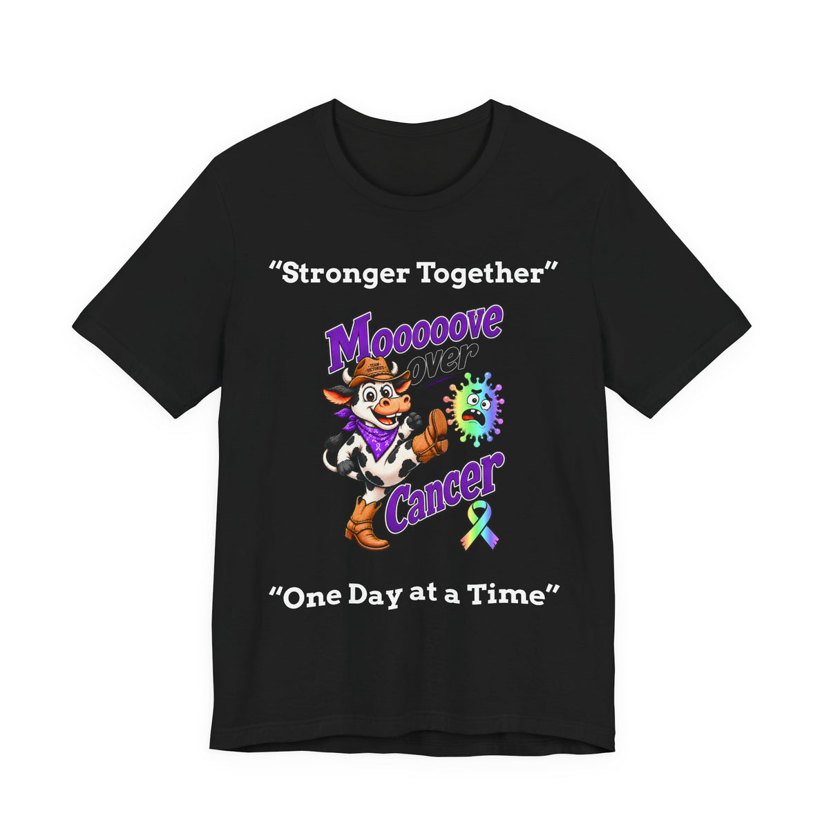 Moooove Over Cancer black T-shirt with colorful cow, awareness ribbon, and support message