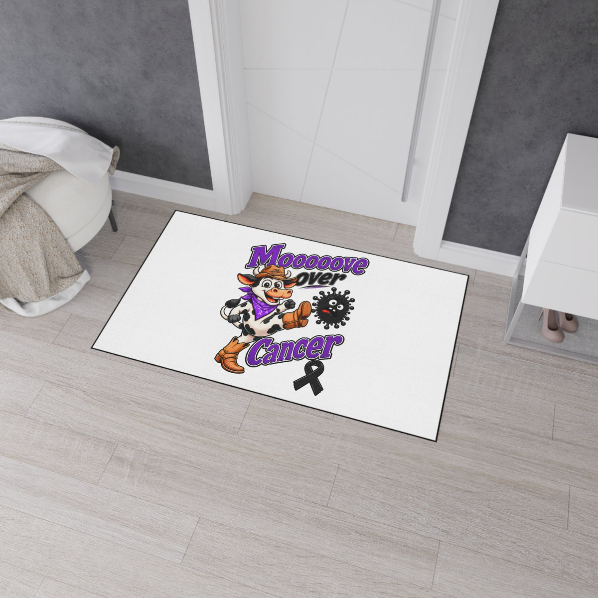 Moooove Over Cancer cow design floor mat shown near a bedroom doorway