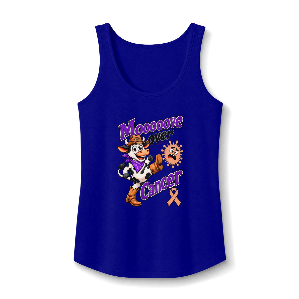 Royal blue Moooove Over Cancer tank top featuring a cow graphic and Uterine Cancer awareness ribbon