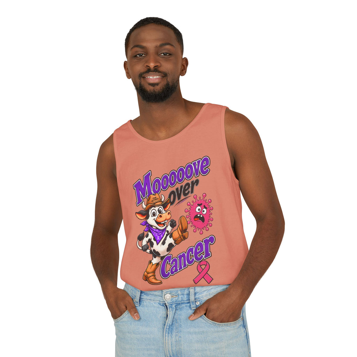 Woman wearing coral Moooove Over Cancer tank top with Breast Cancer awareness ribbon