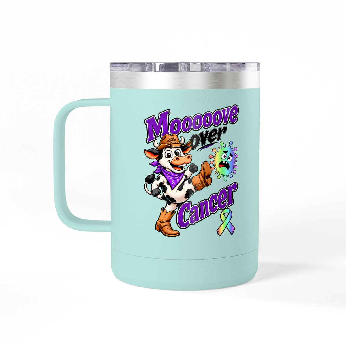 Mint Moooove Over Cancer mug with cow design and all-cancer awareness ribbon