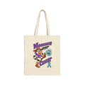 Moooove Over Cancer canvas tote bag with cow graphic and blue awareness ribbon on natural canvas