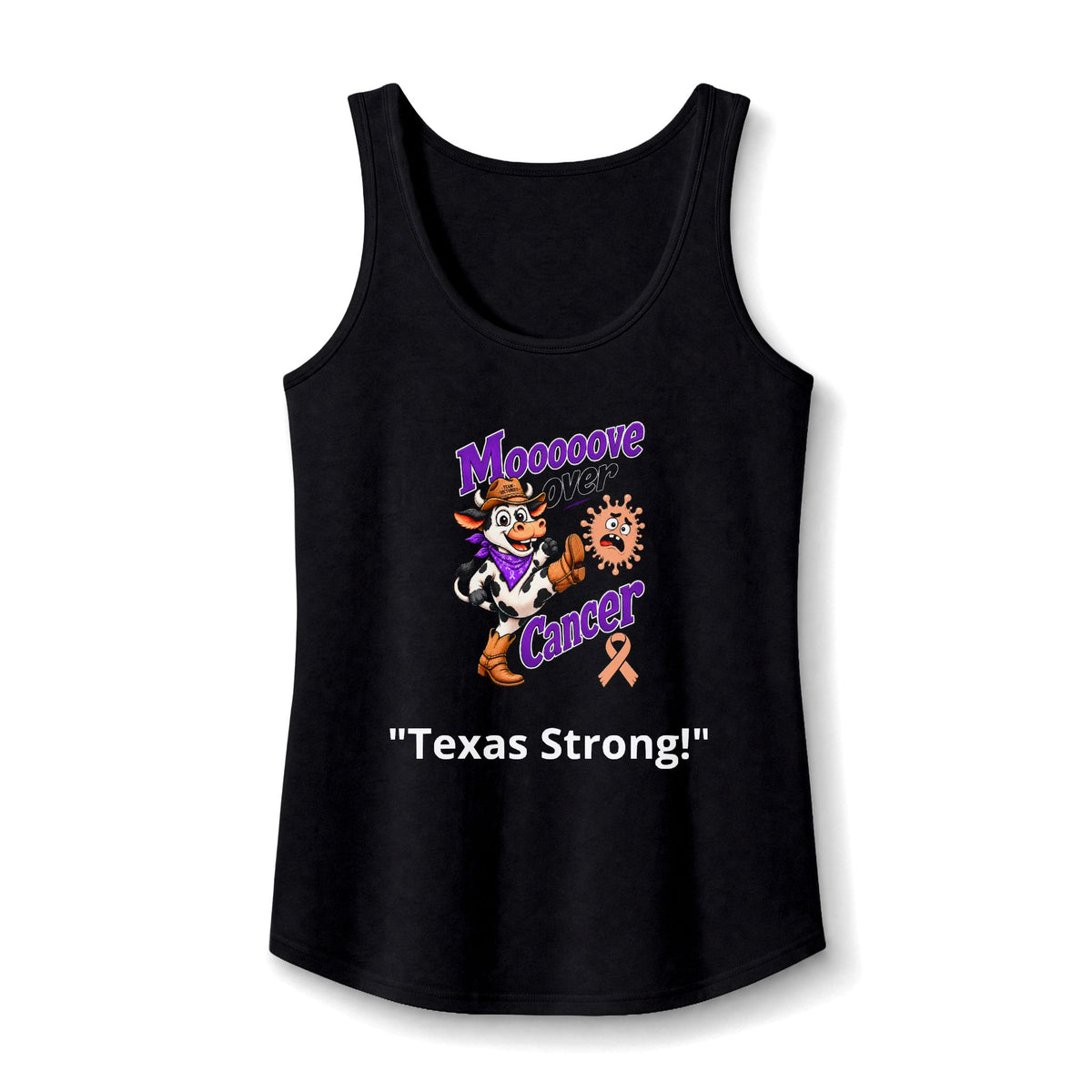 Moooove Over Cancer Texas Strong tank top with peach Uterine Cancer awareness ribbon in black