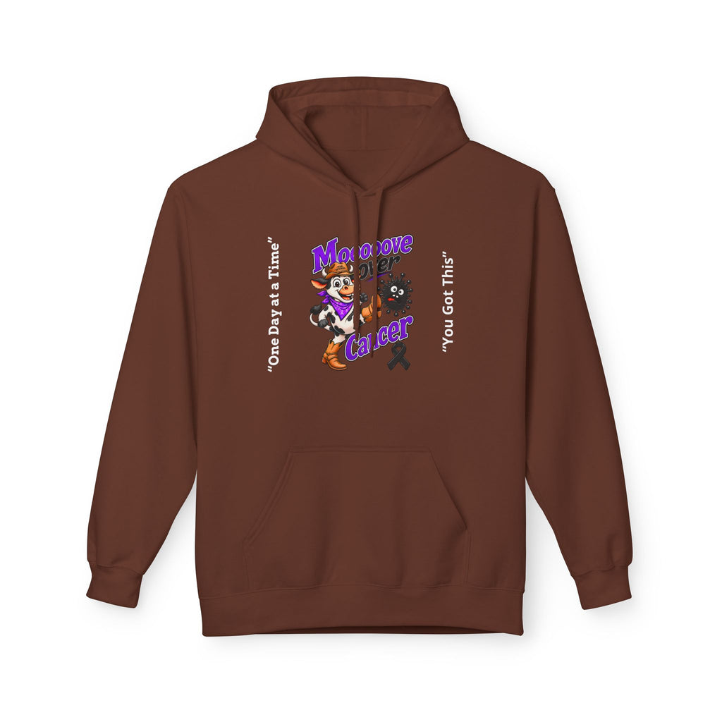 Moooove Over Cancer hoodie in brown with colorful cow artwork and black awareness ribbon